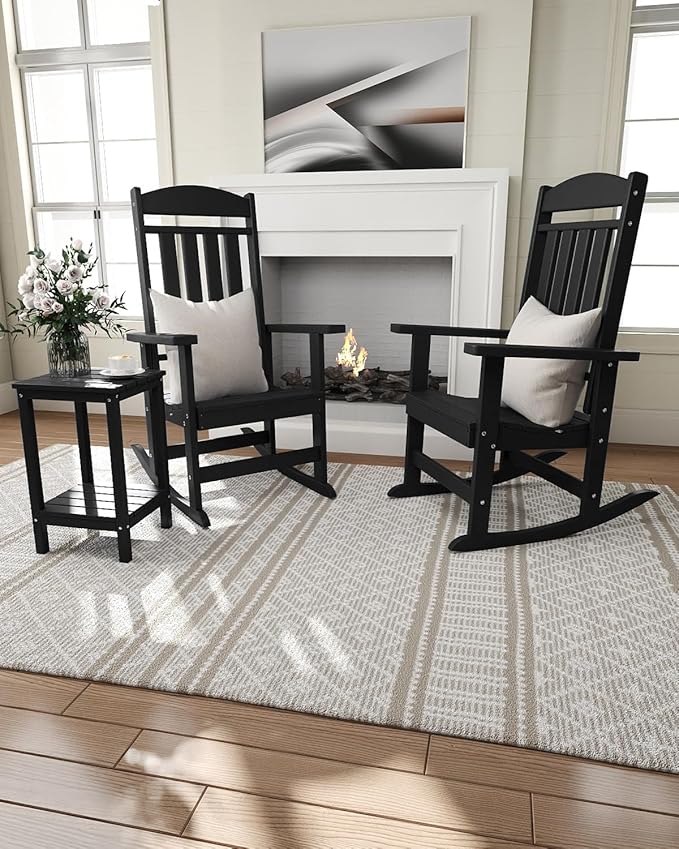 Outdoor Rocking Chairs Set of 2, Oversized High Back Patio Rocking Chairs, All Weather Porch Rocking Chairs for Outside. Black