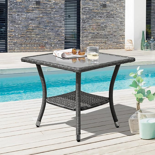 Patiorama Outdoor Wicker Patio Side Table, Weather Resistant Rattan Coffee Table, Square End Table, Aluminum Frame, Grey