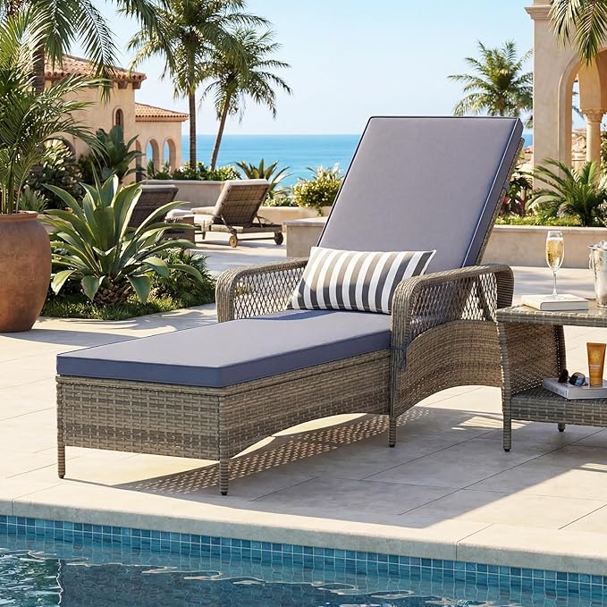 Wicker Chaise Lounge Chair Set of 2, Patio Rattan Recliner with 6-Position Adjustable Backrest, Soft Cushions, Removable Lumber Pillow & Armrests for Poolside & Backyard (Gray)