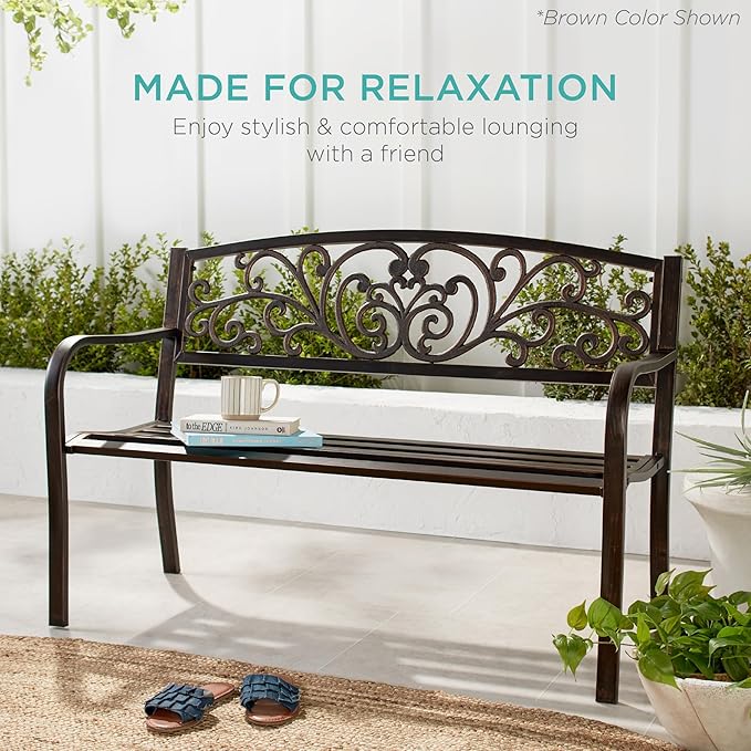 Best Choice Products Outdoor Bench Steel Garden Patio Porch Furniture for Lawn, Park, Deck w/Floral Design Backrest, Slatted Seat - Ocean Blue