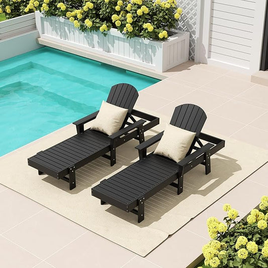 WestinTrends Dylan HDPE Outdoor Patio Poly Adirondack Reclining Chaise Lounge with Arms (Set of 2), Black