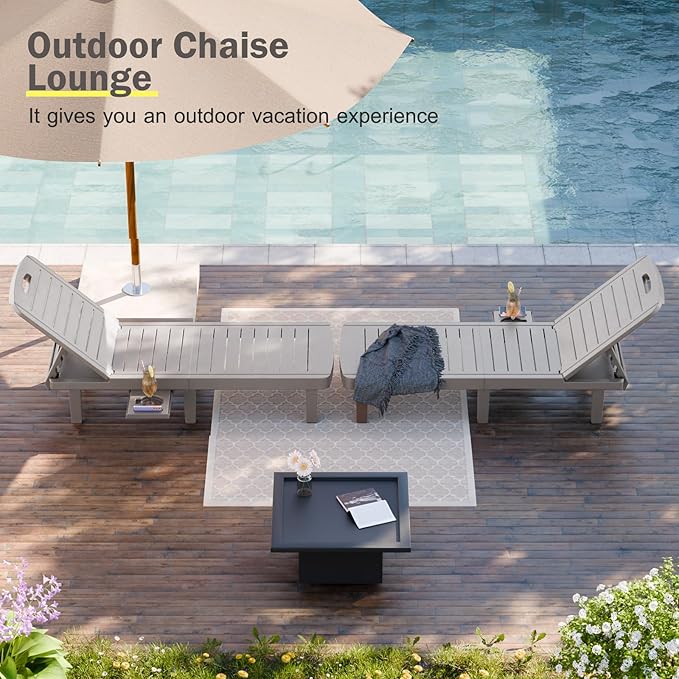 CDCASA Outdoor Chaise Lounge Set of 2, Pool Lounge Chairs w/5 Adjustable Positions & Side Tray, Waterproof Resin Lounges for Poolside,Yard,Garden,Sunbathing, for All Weather, Grey