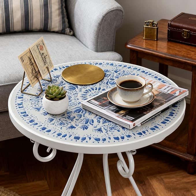 Outdoor Side Table & Mosaic Plant Stand, 14" Ceramic Tile Top Round End Table Accent Table, Indoor Outdoor Coffee Tea Table for Yard Porch Garden Patio Living Room Bedroom (Blue, 14 Inch)