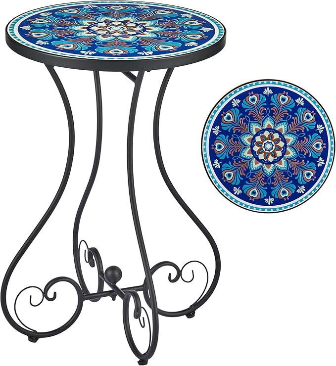 VONLUCE Outdoor Side Table and Mosaic Plant Stand, 21" Round End Table with 14" Ceramic Tile Top for Patio Porch Decor, Indoor & Outdoor Accent Table, Small Coffee Table for Home and Garden, Peacock