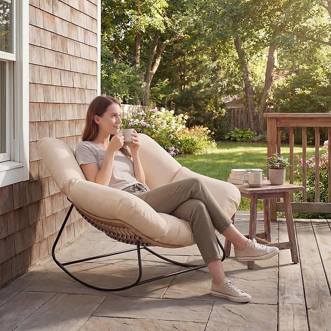 Outsunny Papasan Rocking Chair, Wicker Oversized Indoor Outdoor Rocking Chair with Cushion, PE Rattan Padded Outdoor Rocker Egg Chairs for Living Room, Garden, Patio, Balcony, Cream White