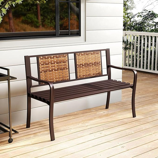 Giantex Outdoor Bench with PE Rattan Backrest, Curved Armrests, Slatted Seat for 2-3 Persons, Heavy-Duty Outdoor Seating Furniture, Garden Bench for Patio, Backyard, Poolside, Porch, Park, Brown