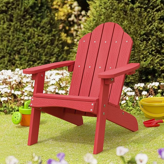 LUE BONA Kids Adirondack Chair Set of 4, Red Poly Lumber Plastic Weather Resistant Kids Outdoor Patio Lounge Chair for Balcony, Backyard