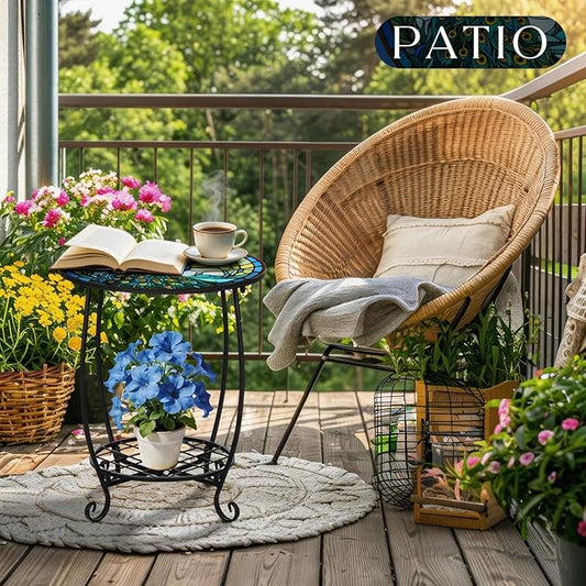 Outdoor Side Table Round Small Mosaic Patio Accent Indoor End Plant Coffee Tea Table for Yard Patio Porch Garden Living Room, Bedroom(Peacock Style,12 Inch)