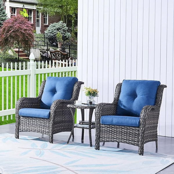 HUMMUH 3 Pieces Patio Bistro Set Wicker Patio Chairs Set of 2 with Tempered Glass Top Side Table Rattan Outdoor - Photo 1