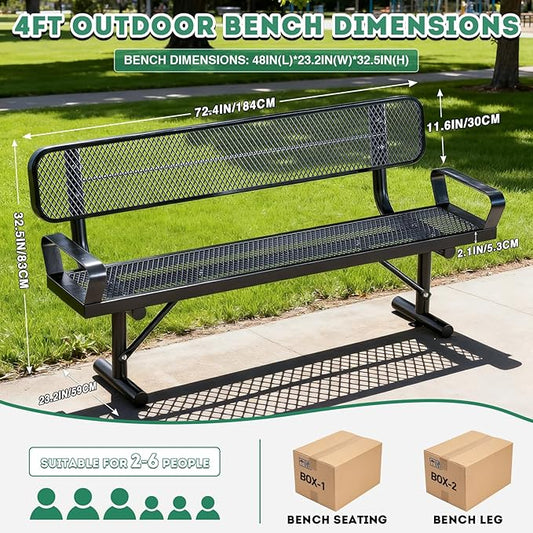 Outdoor Garden Bench, Cast Iron Metal Frame Patio Park Bench with Backrest, Portable Expanded Metal Black Bench, Commercial-Grade Outdoor Seating for Patio, Park, Garden (Black with armrest, 6FT/72')