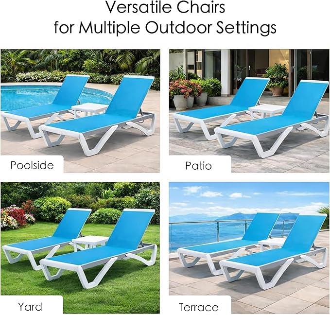 Kozyard Outdoor Chaise Lounge Chair, Full Flat Adjustable Patio Lounger with Aluminum Frame & Resin Legs, Textilene Fabric for Poolside, Backyard & Beach (Aqua/WhiteFrame, Chair + Table)