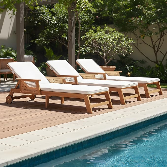 Merax 3-Pieces Retro Acacia Wood Outdoor Chaise Lounge with Wheels & 3-Position Adjustable Backrest, Vintage Wicker Sun Lounger with Plush Removable Cushion for Patio, Garden & Poolside, Acacia Wood