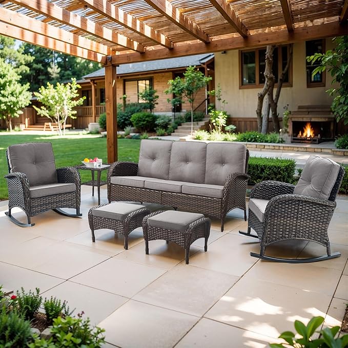 Belord Outdoor Patio Furniture - Wicker Sofa with Removable Cushion, 3 Seater Rattan Couch with Deep Seat, High Backrest, All-Weather for Balcony, Deck, Backyard, Brown/Grey