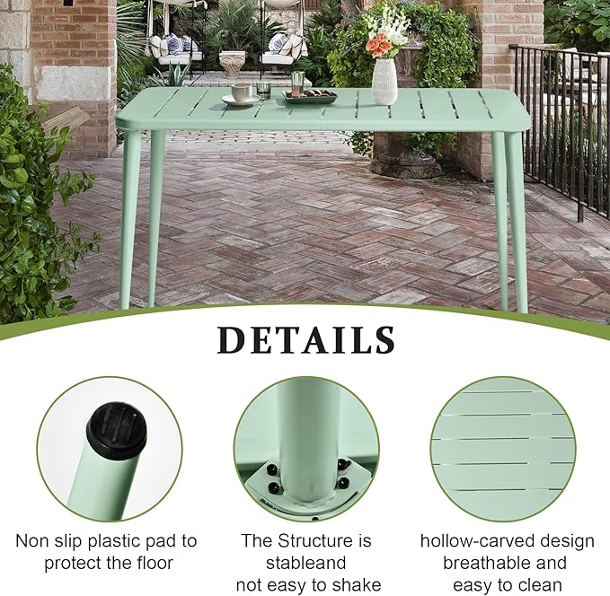 Modern Patio Table for 4-6 People Metal Dining Table for Outdoor&Indoor Office Computer Meeting Desk Home Cafe Table Lawn Backyard Balcony Kitchen Office 47.2" Lx23.6 Wx30 H(Green)