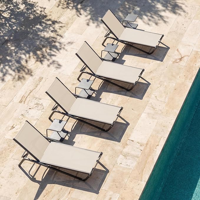 Lounge Chair Set of 4, Aluminum Chaise Lounge Outdoor, Lightweight Lounge Chairs for Outside with 5 Adjustable Backrest, Pool Lounger for Poolside, Beach, Balcony, Deck (Khaki)