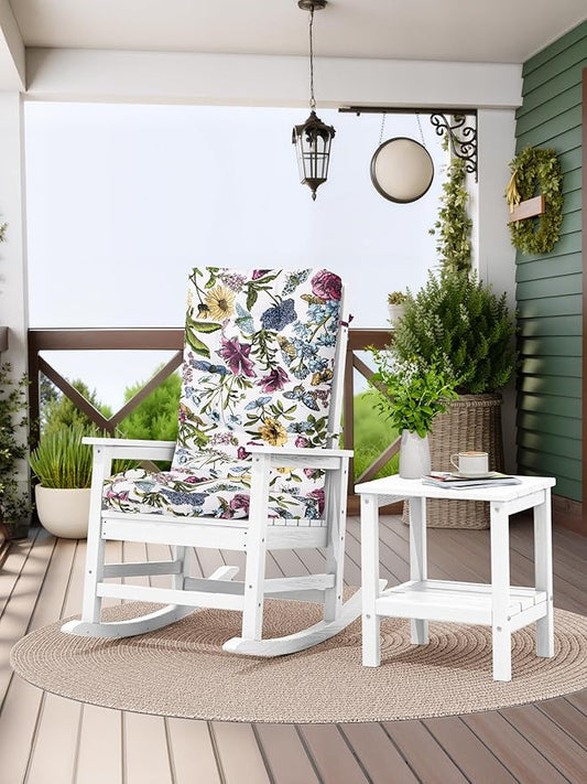 KINGYES Oversized Outdoor Rocking Chair with Cushion, All-Weather Patio Rocking Chairs, HDPE Porch Rocker for Adults, 350 lbs Capacity, White Chair with Flower Cushion