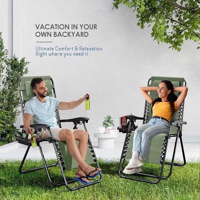 Nestl Zero Gravity Chairs 1 Pk, Portable Patio Lounge Outdoor with Pillows & Cup Holder Trays, Adjustable Steel Lawn Chair for Deck, Beach - Sage Green
