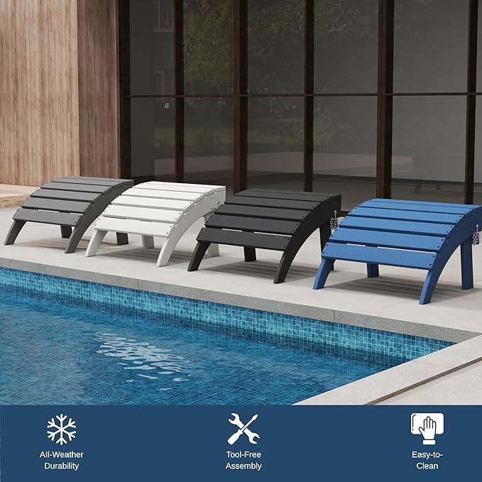 Folding Adirondack Ottoman Footrest, HDPE Plastic Outdoor Footstool No Assembly Required, All-Weather Foldable Ottoman for Adirondack Chair, Patio, Lawn, Garden, Deck, Poolside, Fire Pit, Black