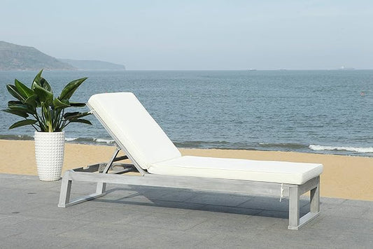 SAFAVIEH Outdoor Collection Solano Grey Solid Wood/Beige Cushion Patio Adjustable Chaise Lounge Chair (PAT7024E)