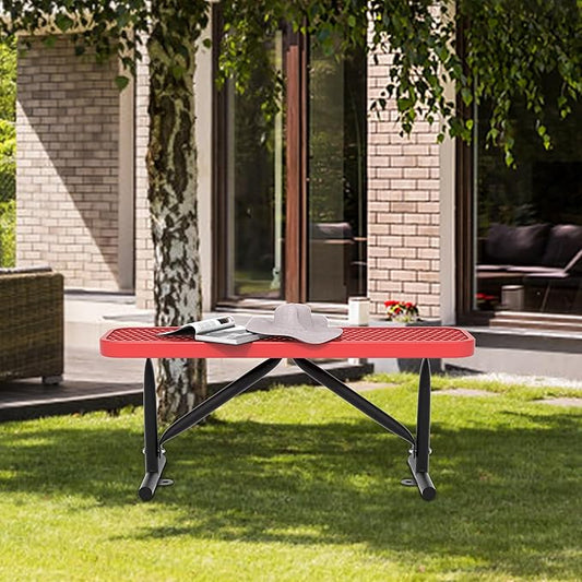4 Feet Heavy Duty Metal Park Bench for Outside, Outdoor Bench with Portable Frame, Commercial Benches for Shopping Mall, Store, Park, Patio, Deck, Red