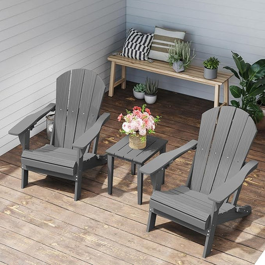 Foldable Adirondack Chair with Cup Holder-Heavy Duty Recycled HDPE Outdoor Patio Furniture, Weather Resistant Deck Lawn Fire Pit Chair (Gray, 2 Chair)