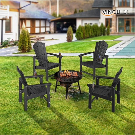 VINGLI Plastic Folding Adirondack Chair with Cup Holder, 100% Recyclable HDPE Material, Comfortable 380lb Weight Capacity for Outdoor Pool Patio Lounge Chair Lawn Furniture Fire Pit, 1 Pack, Black