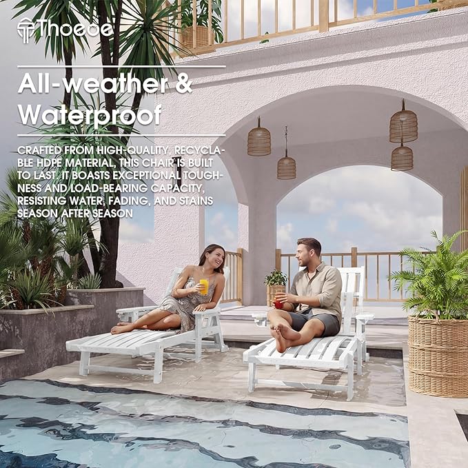 THOEOE Patio Chaise Lounge Chair Set of 2, Oversized Lounge Chair Outdoor with 5 Positions, HDPE, Patio Lounge Chair with Wheels & Cup Holder for Pool, Deck, Poolside,White