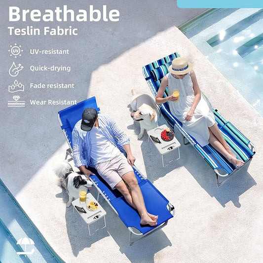 3-in-1 Sun Tanning Chair with Face Holes, Breathable Chaise Lounge Chair Outdoor, 5-Position Recliner, Lay Flat, Folding Side Table, Removable Pillow, Max 330lbs, Beach, Patio, Camping, Blue