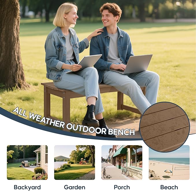Weatherproof HIPS Outdoor Bench, 2-Person Patio Dining Bench, All-Weather Poly Lumber Garden Bench, Never Rot or Fade, Park Bench with Wood Grains for Porch, Deck, Entryway, Dark Brown