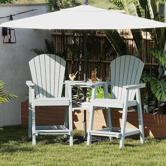 FOOWIN Tall Adirondack Chair Set of 4, All Weather HDPE Bar Height Adirondack Chair with Double Connecting Trays, Adirondack Barstools for Balcony, Deck, Backyard, Patio, Garden White