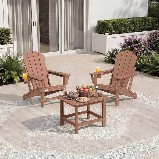 Mdeam 3-Position Adjustable Adirondack Chairs Set of 2, 400LBS Capacity, Cup Holder, Wooden Textured, All-Weather HDPE Folding Fire Pit Outdoor Chairs for Poolside Deck Patio Garden Yard Lawn - Teak