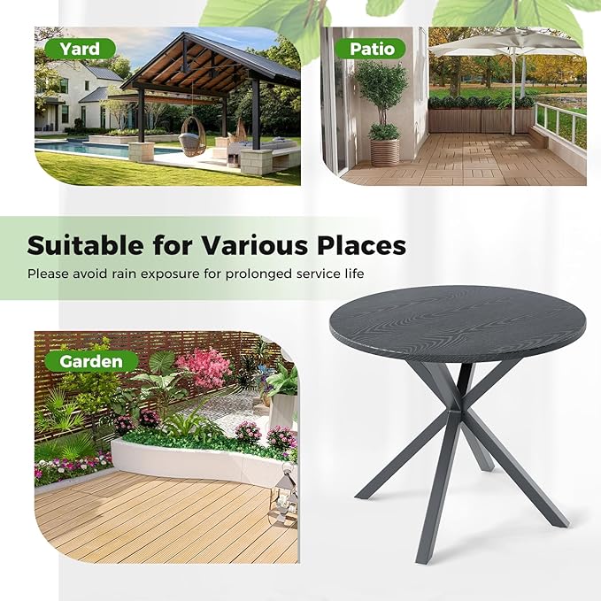 Tangkula 34-Inch Metal Round Patio Dining Table for 4, Heavy Duty Outdoor Metal Frame Dinner Table with Wood-Like Top & X-Shaped Legs, Outside Bistro Table for Deck, Balcony, Backyard, Lawn & Garden