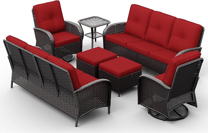 Joyside Wicker Patio Furniture Set, 7 Piece Outdoor Furniture Set with Thickened Cushions, High Back, Deep Seating, Wide Armrest, Outdoor Swivel Rocker Chairs for Porch, Deck