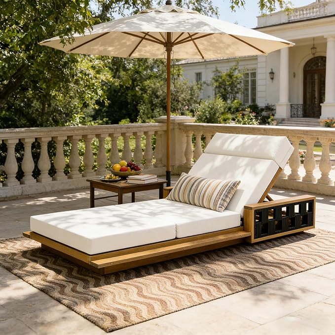 Merax Acacia Wood Patio Chaise Lounge Set of 2, Outdoor Reclining Chairs with 4-Position Adjustable Backrest, 2-Piece Sunbathing Recliner & 4" Thick Four-fold Cushion for Poolside, Garden, Cream