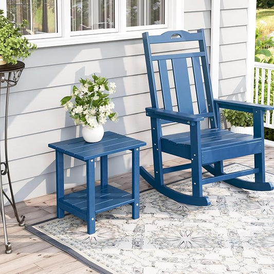 Adirondack Outdoor Side Table, 16.6" Small Patio End Table, 2-Tier HDPE Plastic Table for Poolside Porch Garden, Weather Resistant & Easy Assembly (Navy Blue, Rectangle)