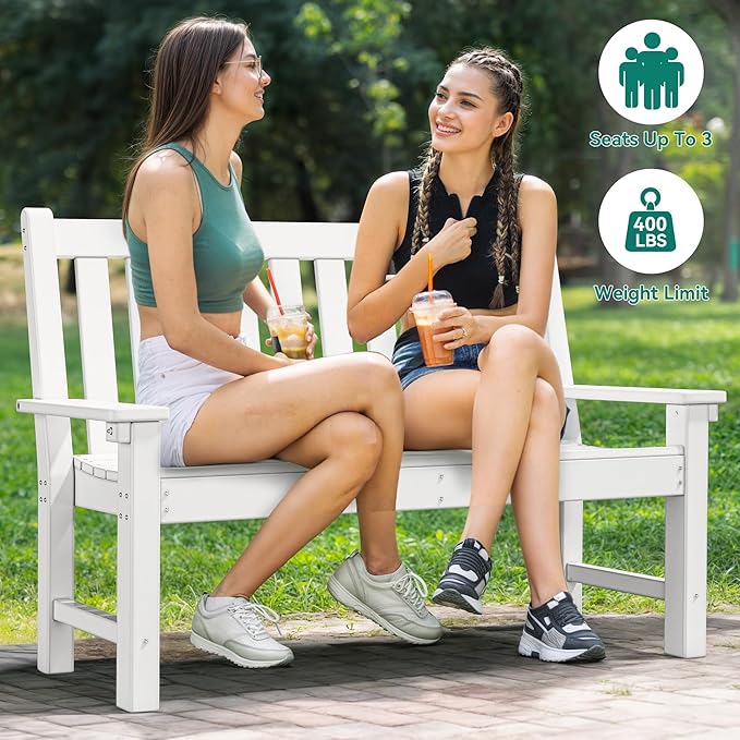 YITAHOME Garden Bench, All Weather Outdoor Bench for 2-3 Persons, Fade/Rot Resistance Patio Benches for Park, Porch, Patio & Backyard (White)