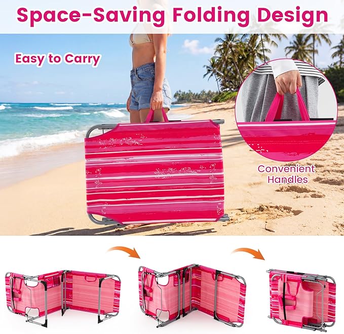 Giantex Face Down Tanning Chair, Folding Beach Lounge Chair w/ 4-Position Adjustable Backrest, Outdoor Sunbathing Lounge Chair w/Face Arm Hole & Storage Pocket for Patio Deck Poolside (2 Pink Stripe)