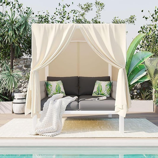 Merax Outdoor Patio Daybed with Soft Cushions and Curtains, Double Chaise Lounge Sunbed with Rubber Core Rope Backrest and Comfy Pillows for Outside Pool, Garden, Backyard, Lawn, Gray+Beige
