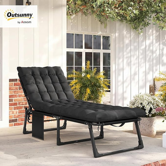 Outsunny Chaise Lounge Chair Outdoor, 5-Position Reclining Pool Lounge Chair with Cushion, Side Pocket, Headrest, Folding Lounger Tanning Chair Camping Cot for Patio, Beach, Black