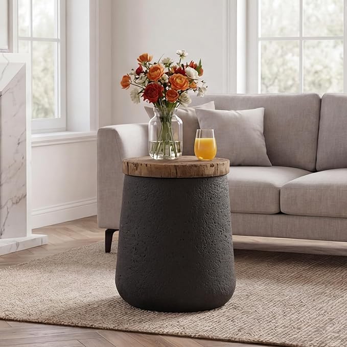 SUNBURY Small Outdoor Side Table, 13" W Black Outdoor End Tables for Patio, Accent Side Table, Garden Stool Wooden-Look Top Concrete for Livingroom Bedroom, Garden, Backyard