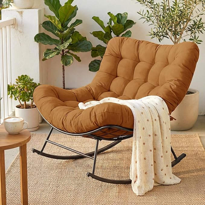 Cushioned Papasan Rocking Chair for Outdoor Indoor, Oversized Outdoor Rocking Chair with Cushion, Egg Rocker for Patio, Porch, Balcony, Lawn, Bedroom, Living Room, Dark Brown
