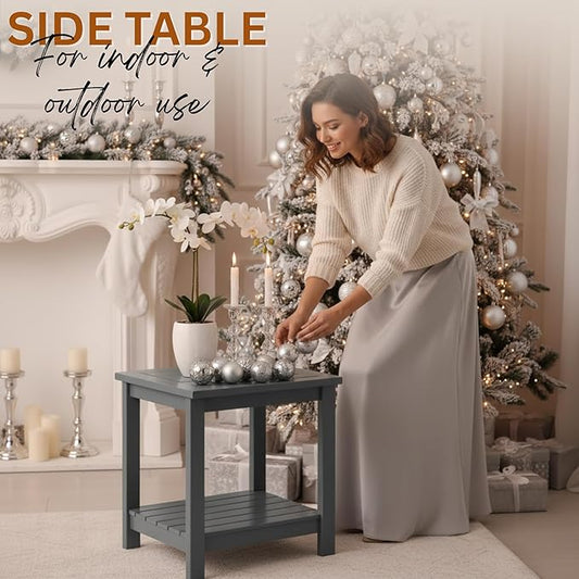 2-Tier Adirondack Outdoor Side Table, 16.6" Acacia Weather-Resistant End Table with Shelf for Patio, Garden, Lawn, Living Room (Grey)