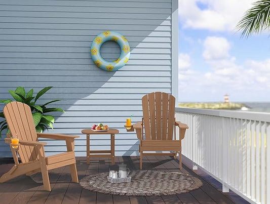 Upgraded Folding Adirondack Chair with All-Weather Cup Holder-EcoVida, Premium Wood Grain Texture, HDPE Waterproof, Suitable for Fire Pit, Patio, Porch, Cedar
