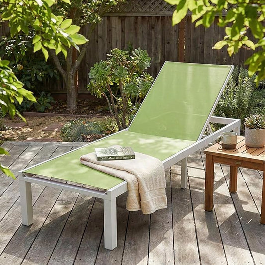 LeisureMod Marlin Aluminum Outdoor Chaise Lounge Chair - Mesh Sling Fabric Seat White Aluminum Frame Beach, Pool Lounge Chair for Modern Patio Lawn, Garden and Backyard (Green)