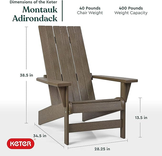 Keter Montauk Adirondack Chair with Weatherproof Finish, Outdoor Furniture for Entertaining by The Pool, Patio, and Fire Pit, Easy Assembly for Sturdy and Steady Outdoor Seating, Weatherwood