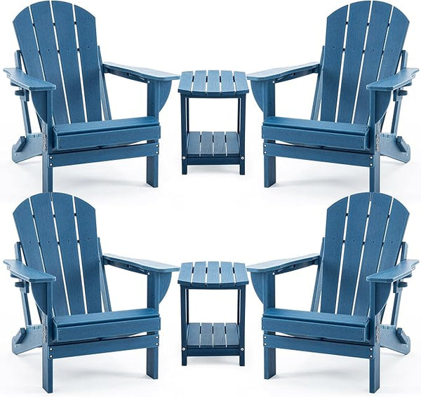 4 Chairs & 2 Tables Folding Adirondack Chair Set with Side Table – HDPE Weatherproof Outdoor Patio Chairs with - Photo 1