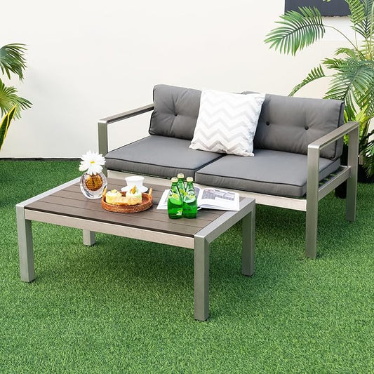 Tangkula Aluminum Outdoor Coffee Table, Modern Rectangular Cocktail Table with Plastic Wood Tabletop & Rustproof Aluminum Frame, All-Weather Accent Table for Patio, Poolside, Garden (Grey)