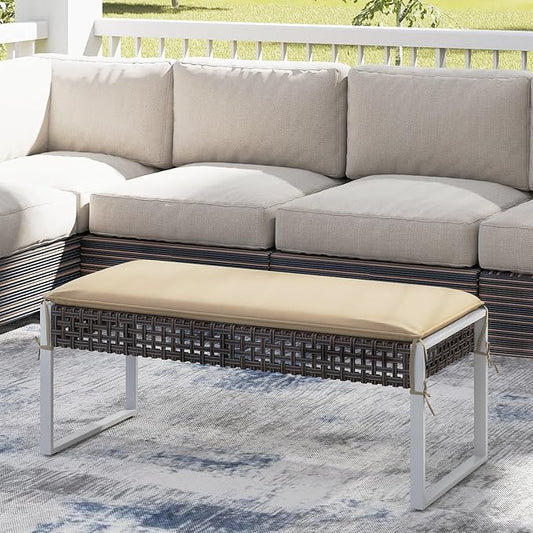 RELAX4LIFE Wicker Outdoor Ottoman Footstool - Set of 2 Rattan Patio Foot Rest w/Soft Cushion & Metal Frame, Multipurpose Coffee Table, 43’’ Seating Bench, Foot Stool for Garden Porch Backyard (2)