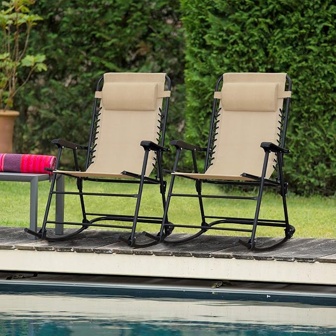 Flamaker Patio Rocking Chair Zero Gravity Chair Outdoor Folding Recliner Foldable Lounge Chair Outdoor Pool Chair for Patio, Poolside and Camping (Beige)