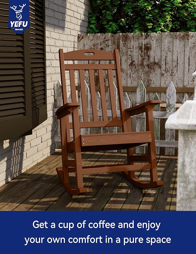 YEFU Outdoor Rocking Chairs Set of 2: Porch Rocking Chairs-Outdoor Patio Rockings Chair-Oversized Rocker Chair-All Weather Poly Rocker Lawn Chair for Adult-Seat Area 22"x21"-Backrest Height 31"-Teak